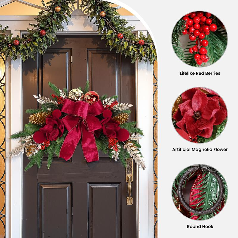 2025 Magnolia Christmas Wreath – Holiday Door Decoration with Silk Bows, Pinecones, Balls, Red Berries & Magnolia, Outdoor & Front Door Decor
